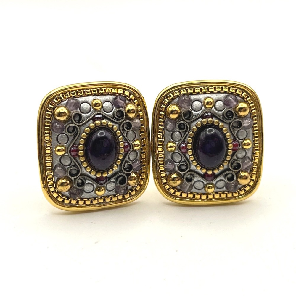 Michal Golan Byzantine Purple Cabochon Gold Tone Square Clip On Earrings - Picture 2 of 6
